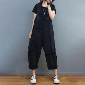 Side Pockets Fringed Bib Overalls Womens Gardening Cargo Pants