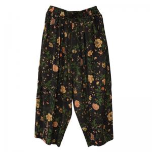 Elastic Waist Printed Wide Leg Pants Flax Buttons Tapered Pants