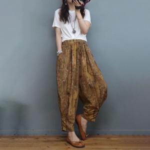 Elastic Waist Printed Wide Leg Pants Flax Buttons Tapered Pants