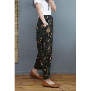 Elastic Waist Printed Wide Leg Pants Flax Buttons Tapered Pants