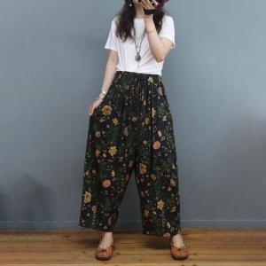 Elastic Waist Printed Wide Leg Pants Flax Buttons Tapered Pants