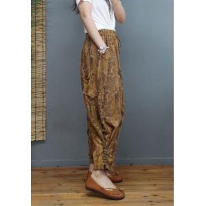 Elastic Waist Printed Wide Leg Pants Flax Buttons Tapered Pants