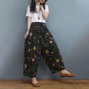 Elastic Waist Printed Wide Leg Pants Flax Buttons Tapered Pants