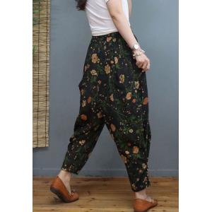 Elastic Waist Printed Wide Leg Pants Flax Buttons Tapered Pants