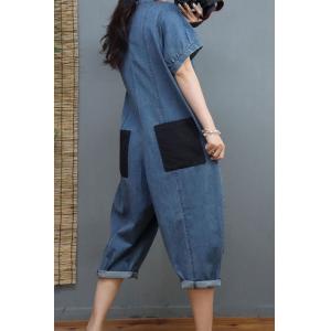 Button Down Short Sleeves Jumpsuits Contrast Colored Cropped Coveralls