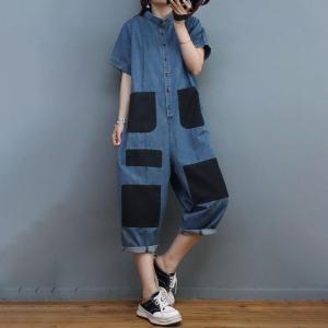 Button Down Short Sleeves Jumpsuits Contrast Colored Cropped Coveralls