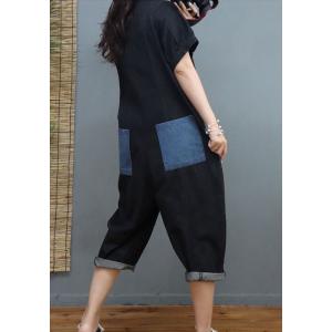 Button Down Short Sleeves Jumpsuits Contrast Colored Cropped Coveralls