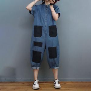 Button Down Short Sleeves Jumpsuits Contrast Colored Cropped Coveralls