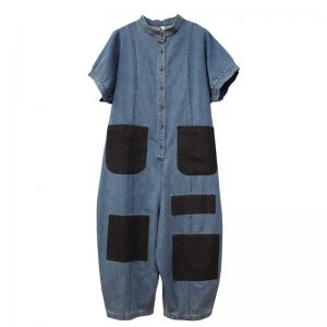 Button Down Short Sleeves Jumpsuits Contrast Colored Cropped Coveralls