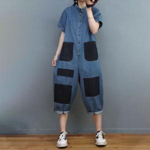 Button Down Short Sleeves Jumpsuits Contrast Colored Cropped Coveralls