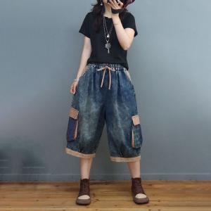 Gingham Edges Stone Wash Jeans Flap Pockets Cropped Pants