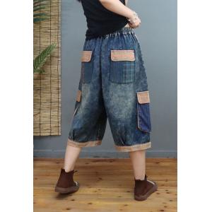 Gingham Edges Stone Wash Jeans Flap Pockets Cropped Pants