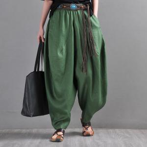 Beach Style Dark Green Harem Pants Summer Linen Hippie Pants