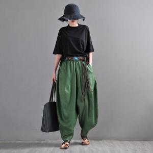 Beach Style Dark Green Harem Pants Summer Linen Hippie Pants