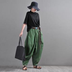 Beach Style Dark Green Harem Pants Summer Linen Hippie Pants