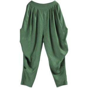 Dark Green Linen Tapered Pants Loose Flax Pleated Trousers