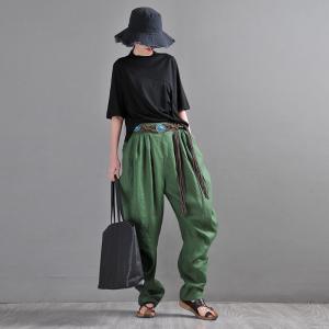 Dark Green Linen Tapered Pants Loose Flax Pleated Trousers