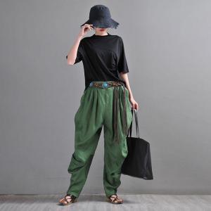 Dark Green Linen Tapered Pants Loose Flax Pleated Trousers