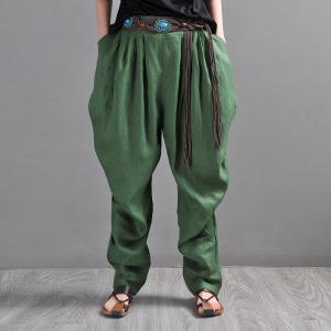 Dark Green Linen Tapered Pants Loose Flax Pleated Trousers