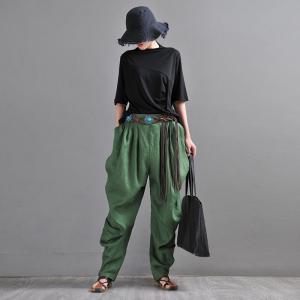 Dark Green Linen Tapered Pants Loose Flax Pleated Trousers