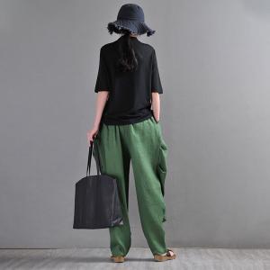 Dark Green Linen Tapered Pants Loose Flax Pleated Trousers