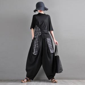 Designer Fashion Letter Straps Black Pants Linen Blend Hammer Pants