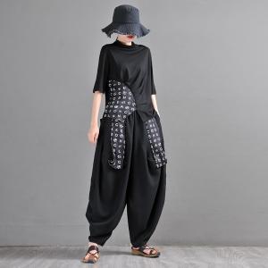 Designer Fashion Letter Straps Black Pants Linen Blend Hammer Pants