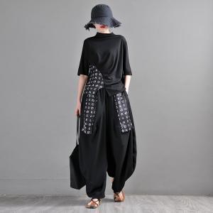 Designer Fashion Letter Straps Black Pants Linen Blend Hammer Pants