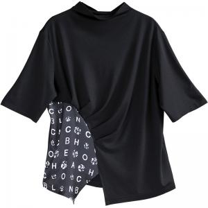 Mock Neck Letter Patchwork T-shirt Half Sleeve Comfy Designer Tee