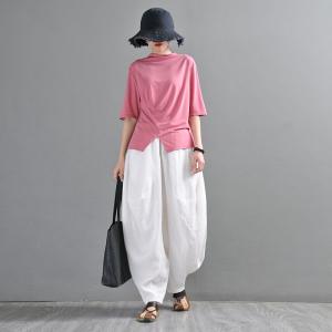 Solid Colors Modal Pleated T-shirt Mock Neck Casual Tee