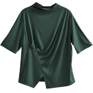 Solid Colors Modal Pleated T-shirt Mock Neck Casual Tee