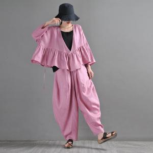 Long Sleeves Linen Wrap Blouse Flouncing Hem Tied  Kimono Cardigan