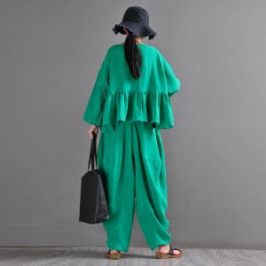 Long Sleeves Linen Wrap Blouse Flouncing Hem Tied  Kimono Cardigan