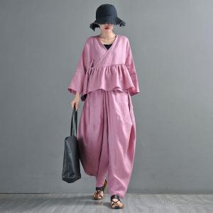 Long Sleeves Linen Wrap Blouse Flouncing Hem Tied  Kimono Cardigan