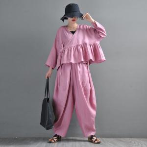 Long Sleeves Linen Wrap Blouse Flouncing Hem Tied  Kimono Cardigan