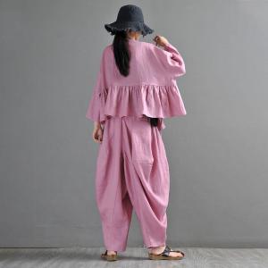 Long Sleeves Linen Wrap Blouse Flouncing Hem Tied  Kimono Cardigan