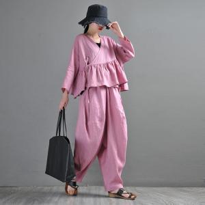 Long Sleeves Linen Wrap Blouse Flouncing Hem Tied  Kimono Cardigan