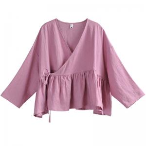 Long Sleeves Linen Wrap Blouse Flouncing Hem Tied  Kimono Cardigan