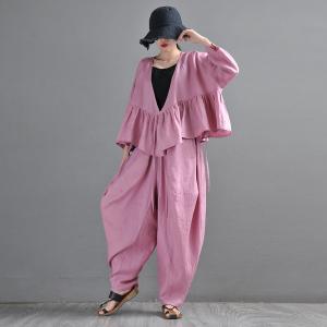Long Sleeves Linen Wrap Blouse Flouncing Hem Tied  Kimono Cardigan
