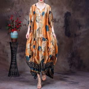 Side Tied Leaf Printed Plus Size Dress Silk Cocoon Dress