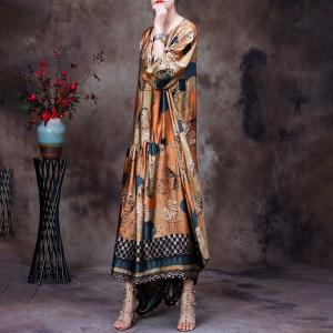 Side Tied Leaf Printed Plus Size Dress Silk Cocoon Dress