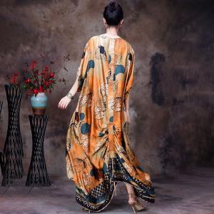 Side Tied Leaf Printed Plus Size Dress Silk Cocoon Dress