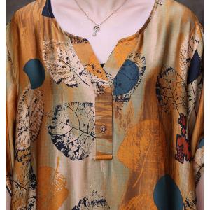 Side Tied Leaf Printed Plus Size Dress Silk Cocoon Dress