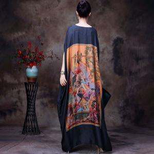 Chinese Painting Caftan Qipao Frog Button Long Cover-Up Dress