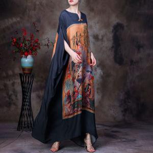 Chinese Painting Caftan Qipao Frog Button Long Cover-Up Dress