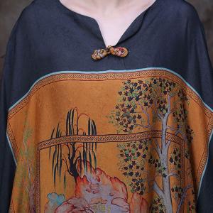 Chinese Painting Caftan Qipao Frog Button Long Cover-Up Dress