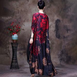 Red Printed Plus Size Flare Dress Over50 Silk Maxi Dress