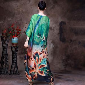 Half Sleeves Silk Flowers Dress Summer Hawaii Dress