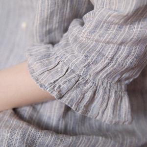 Peter Pan Collar Linen Blouse Blue Striped Loose Flax Clothing