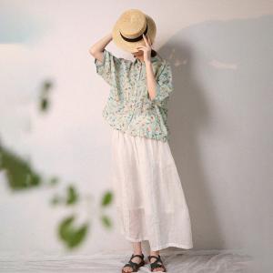 Beach Style Ramie Casual Blouse Green Floral Ladies Shirt